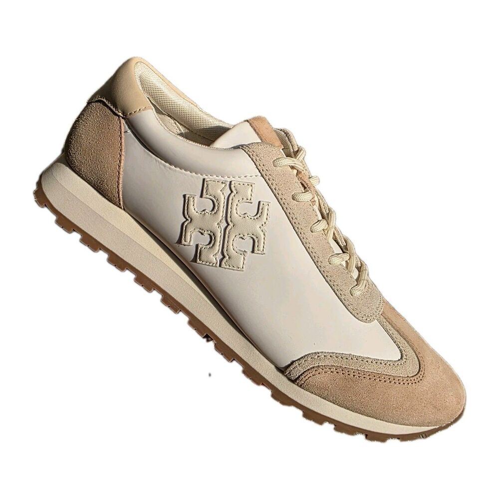 Tory Burch Cream and Beige Leather Suede Logo Runner